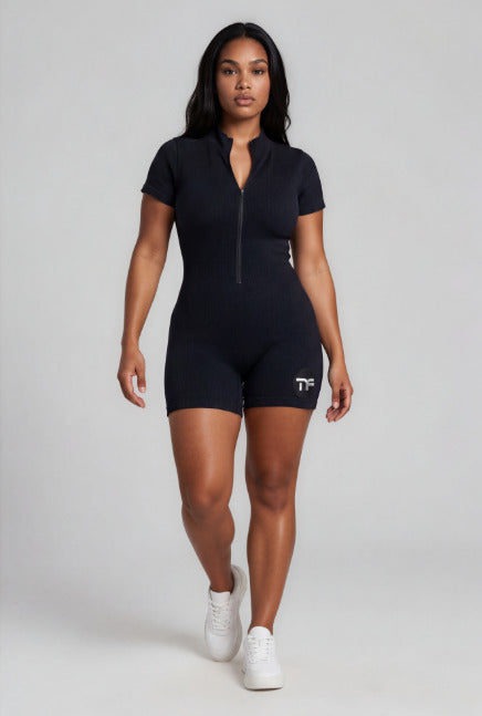 Women's Ribbed Short Sleeve Front Zip Workout Romper