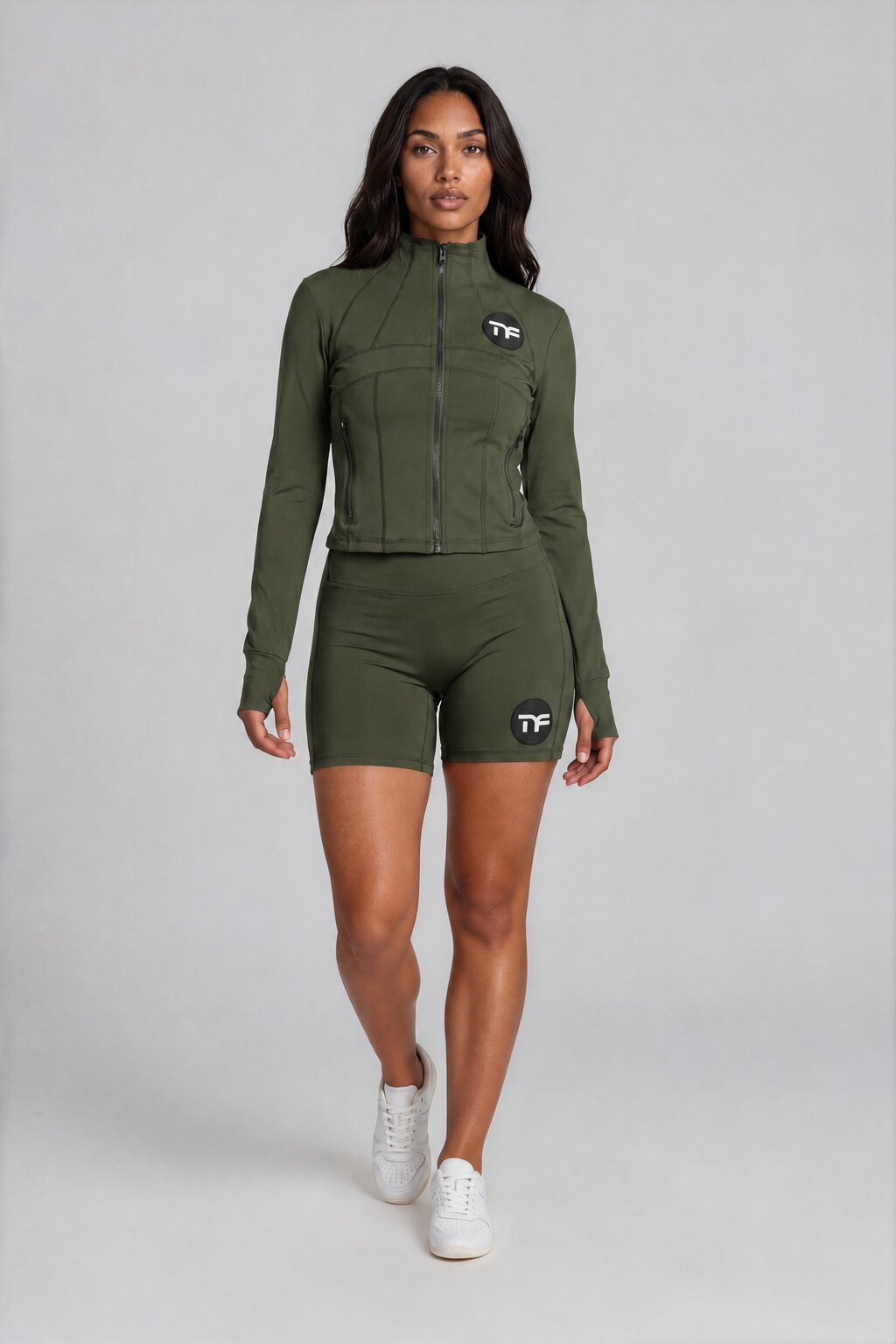 Women's 2-Piece Tracksuit Set — Long Sleeve Zip-Up Jacket & High Waist Shorts