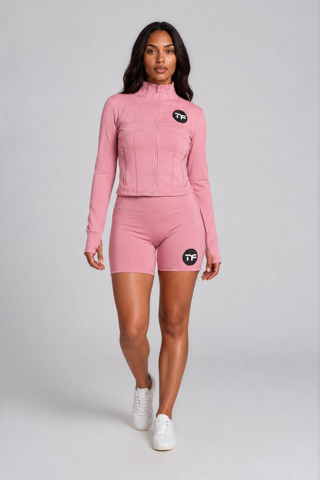 Women's 2-Piece Tracksuit Set — Long Sleeve Zip-Up Jacket & High Waist Shorts