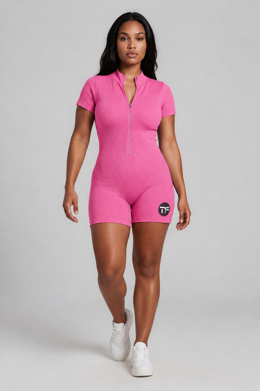 Women's Ribbed Short Sleeve Front Zip Workout Romper
