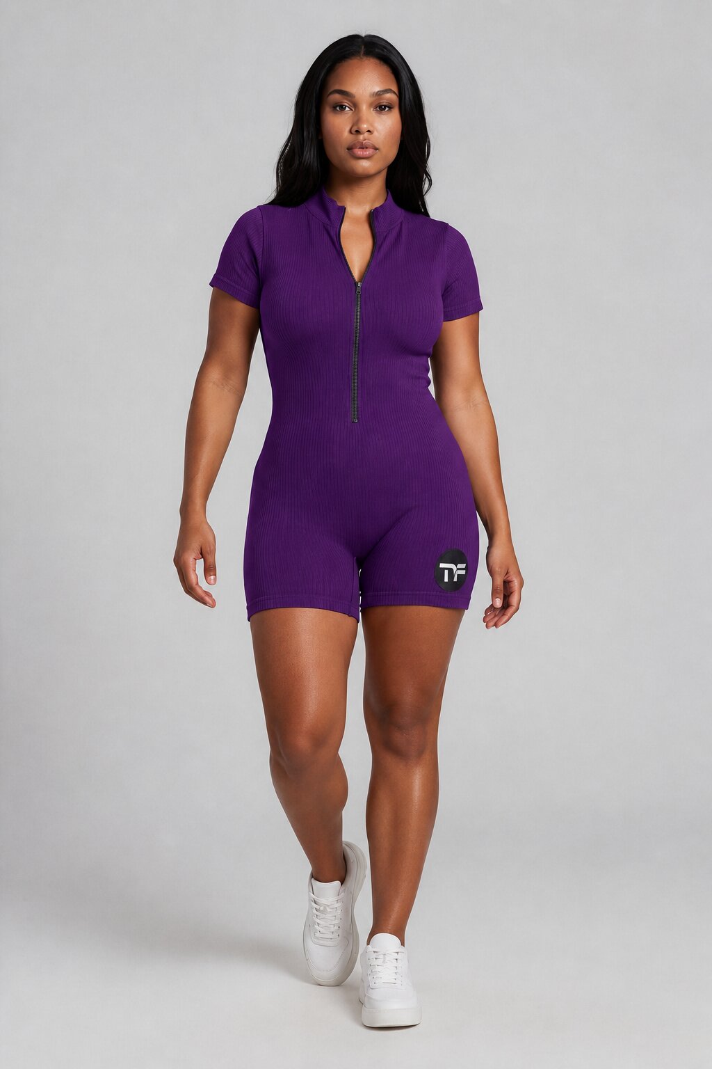 Women's Ribbed Short Sleeve Front Zip Workout Romper