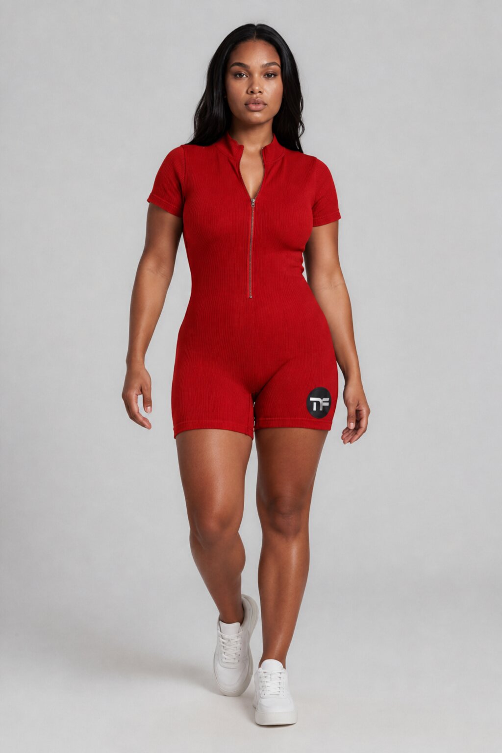 Women's Ribbed Short Sleeve Front Zip Workout Romper